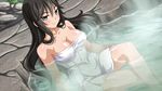  bare_shoulders black_hair blue_eyes blush breasts cleavage collarbone crossed_legs dutch_angle from_side game_cg hair_between_eyes large_breasts light_smile long_hair looking_at_viewer naked_towel naughty_face onsen outdoors partially_submerged rock sakura_spirit shiny shiny_skin sitting smile solo steam sukino_miyo towel very_long_hair wanaca water wavy_hair white_towel 