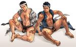  329 abs anklet bad_id bad_pixiv_id bara barefoot black_hair body_hair bottomless censored chest_hair facial_hair flaccid full_body goatee gradient gradient_background hachimaki hand_on_another's_leg headband japanese_clothes jewelry leg_hair looking_at_viewer male_focus male_pubic_hair multiple_boys muscle navel nejiri_hachimaki no_pants original penis pubic_hair simple_background sitting sleeves_rolled_up testicles 