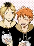  2boys blush brown_eyes eyes_closed food haikyuu!! hinata_shouyou hood kozume_kenma multicolored_hair multiple_boys open_mouth orange_hair pakkaane short_hair 