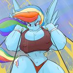  big_breasts breasts cleavage clothed clothing commoddity cutie_mark equine female friendship_is_magic hair hi_res mammal multi-colored_hair muscles muscular_female my_little_pony navel outside pegasus rain rainbow_dash_(mlp) rainbow_hair rainbow_tail solo wings 