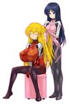  bad_id bad_pixiv_id blonde_hair blue_eyes blue_hair bodysuit breasts closed_eyes cosplay hairdressing highres huge_breasts kamia_(not_found) long_hair makinami_mari_illustrious makinami_mari_illustrious_(cosplay) matsuoka_kiyone multiple_girls neon_genesis_evangelion original pink_bodysuit rebuild_of_evangelion smile souryuu_asuka_langley souryuu_asuka_langley_(cosplay) yukino_sayuri 