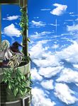  above_clouds alice_margatroid arm_around_shoulder blonde_hair blue_sky capelet cloud day dress from_behind hand_on_another's_shoulder hat kirisame_marisa long_sleeves multiple_girls no_headwear orein plant sash short_hair sky touhou tower vines witch_hat 