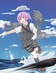  bad_id bad_pixiv_id bike_shorts black_legwear blue_eyes blue_sky buttons cannon cloud day drum_(acta2436) gloves grey_skirt hair_bobbles hair_ornament highres kantai_collection leg_up long_hair mary_janes neck_ribbon open_mouth outdoors pink_hair pleated_skirt ponytail red_neckwear red_ribbon ribbon running running_on_liquid shiranui_(kantai_collection) shoes short_sleeves shorts shorts_under_skirt skirt sky socks solo torpedo vest water white_gloves 
