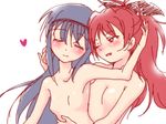  akemi_homura black_hair bomaan bow breasts closed_eyes hair_bow hairband hand_on_another's_head heart hug hug_from_behind long_hair looking_at_another mahou_shoujo_madoka_magica multiple_girls no_nipples nude one_eye_closed ponytail red_hair sakura_kyouko simple_background small_breasts smile white_background yuri 
