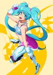  ahoge aqua_eyes aqua_hair bandaid bandaid_on_nose full_body gloves goodsmile_racing hatsune_miku highres jewelry keruberosu-a long_hair looking_at_viewer necklace open_mouth solo twintails very_long_hair vocaloid 