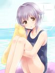  bad_id bad_pixiv_id blush brown_eyes highres idolmaster idolmaster_cinderella_girls knees_to_chest koshimizu_sachiko leg_hug looking_at_viewer one-piece_swimsuit open_mouth paopao purple_hair school_swimsuit short_hair sitting solo swimsuit towel wet 