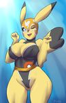  ;) alternate_costume animal_ears blue_eyes breasts cameltoe cleavage cleavage_cutout covered_nipples curvy furry gen_1_pokemon highres huge_breasts leotard live_for_the_funk luchador luchador_mask mask one_eye_closed open_mouth pikachu pikachu_ears pikachu_tail pokemon pokemon_(creature) pokemon_(game) pokemon_ears pokemon_oras sash smile solo tail thick_thighs thighs thong_leotard wrestling_outfit yellow_skin 