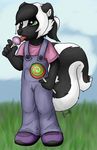  child clothed clothing cub female fuzzywuff grass kazaron licking lollipop mammal outside overalls ponytail simple_background skunk solo standing tongue young 