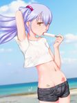  ^jj^ blue_hair blush breasts cloud covered_nipples day food groin highres hoshino_ruri kidou_senkan_nadesico long_hair midriff navel no_bra no_panties open_mouth popsicle sand sexually_suggestive shorts sky small_breasts solo tattoo tongue tongue_out twintails yellow_eyes 
