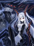  bare_shoulders black_legwear breasts detached_sleeves edobox large_breasts long_hair looking_at_viewer monster original red_eyes smile solo thighhighs two_side_up white_hair 