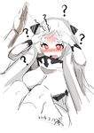  ? airfield_hime al_bhed_eyes artist_name blush bodysuit breasts dated fang hands_on_own_head hitting horns kantai_collection large_breasts long_hair open_mouth red_eyes rib:y(uhki) shinkaisei-kan signature simple_background sitting solo sweat sweatdrop text_focus white_background white_hair white_skin 