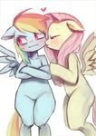  anthro blue_fur blush duo equine eyes_closed female fluttershy_(mlp) friendship_is_magic fur hair kissing long_hair mammal multi-colored_hair my_little_pony nitronic pegasus pink_hair plain_background rainbow_dash_(mlp) rainbow_hair sweat white_background wings 