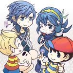  3boys black_hair blonde_hair blue_eyes blue_hair cape doseisan fire_emblem fire_emblem:_kakusei gloves hat koharu64 krom long_hair lucas lucina mother_(game) mother_2 mother_3 multiple_boys ness quiff smile super_smash_bros. tiara 