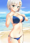  alternate_costume bangs beach bikini blue_eyes blush breasts covered_nipples day hair_ornament hairclip hamakaze_(kantai_collection) kantai_collection large_breasts looking_at_viewer navel outdoors parted_lips sawada_yuusuke short_hair side-tie_bikini silver_hair solo strap_lift swimsuit 