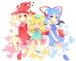  animal_ears barefoot bat_wings blonde_hair blue_eyes blue_hair bow cat_ears conchiel_monyanizumu hair_bow hair_ornament hair_ribbon hands_on_headwear hat heart heart_background kyuuri_ponpon_toto_rozanna moca_cofi multiple_girls outstretched_arms pout red_eyes ribbon short_hair sitting spread_arms towelket_wo_mou_ichido twintails uguisu_mochi_(ykss35) white_hair wings witch_hat 