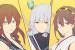  &gt;:) aqua_eyes bare_shoulders braid brown_hair hair_ornament hairband haruna_(kantai_collection) kantai_collection lineup multiple_girls murakumo_(kantai_collection) nontraditional_miko noshiro_(kantai_collection) open_mouth parted_lips red_eyes silver_hair single_braid smile tsukamoto_minori upper_body v-shaped_eyebrows 