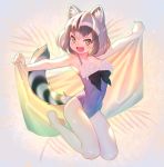  1girl :d animal_ear_fluff animal_ears bangs bare_arms bare_legs bare_shoulders barefoot black_hair blue_swimsuit breasts commentary common_raccoon_(kemono_friends) covered_navel full_body grey_hair highres holding holding_towel kemono_friends looking_at_viewer medium_breasts mifu_(b24vc1) multicolored_hair one-piece_swimsuit open_mouth outline outstretched_arms raccoon_ears raccoon_tail smile solo spread_arms striped_tail swimsuit tail towel white_hair yellow_eyes 