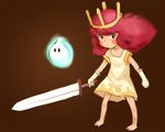  barefoot blush_stickers brown_background child child_of_light_(game) crown dress e10 elbow_gloves freckles gloves hitodama igniculus long_hair looking_at_viewer pink_hair princess_aurora simple_background sword weapon 