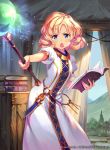  1girl blonde_hair blue_eyes book company_name copyright_name dress fire_emblem fire_emblem:_monshou_no_nazo fire_emblem_cipher hmk84 holding holding_book holding_staff nintendo official_art open_book open_mouth outstretched_arm short_hair short_sleeves sky solo staff tree yumina_(fire_emblem) 