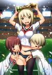  3girls bismarck_(kantai_collection) black_legwear blonde_hair brown_hair crop_top crop_top_overhang fifa_world_cup_trophy germany green_eyes highres hug kantai_collection long_hair looking_at_viewer midriff multiple_girls navel open_mouth pyz_(cath_x_tech) short_hair smile soccer tears thighhighs trophy v world_cup z1_leberecht_maass_(kantai_collection) z3_max_schultz_(kantai_collection) 