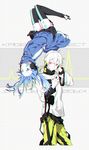  1boy 1girl albino aqua_eyes bangs black_legwear black_skirt blue_eyes blue_hair blue_jacket copyright_name detached_collar digital_dissolve directional_arrow ene_(kagerou_project) facial_mark floating hair_between_eyes hand_on_headphones hand_on_own_chest headphones heartbeat jacket kagerou_project knees_together_feet_apart konoha_(kagerou_project) long_hair long_sleeves looking_at_viewer miniskirt missing_limb pale_skin pants parted_lips pleated_skirt red_eyes skirt sleeves_past_fingers sleeves_past_wrists suspenders_hanging thighhighs track_jacket turtleneck twintails upside-down white_hair yellow_pants zipper 