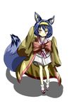  animal_ear_fluff animal_ears bad_id bad_pixiv_id blue_hair blush_stickers brown_eyes fox_ears fox_tail hair_ornament hairband hatsuse_izuna highres japanese_clothes kotou_(ko-tou) no_game_no_life parted_lips sandals short_hair simple_background solo standing tail white_background white_legwear yellow_hairband 