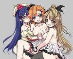  black_legwear blue_eyes blue_hair blush breasts brown_eyes brown_hair hat highres kousaka_honoka long_hair looking_at_viewer love_live! love_live!_school_idol_project medium_breasts minami_kotori multiple_girls nipples north_abyssor one_side_up open_mouth sketch sonoda_umi sore_wa_bokutachi_no_kiseki thighhighs yuri 