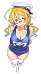  arms_behind_back blonde_hair blue_eyes blue_swimsuit breasts cleavage commentary_request full_body glasses hat i-8_(kantai_collection) kantai_collection large_breasts long_hair looking_at_viewer name_tag nishieda no_shoes one-piece_swimsuit sailor_hat school_swimsuit semi-rimless_eyewear sideways_hat simple_background smile solo swimsuit thighhighs under-rim_eyewear 