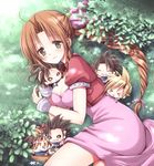  &gt;_&lt; 5boys aerith_gainsborough basket black_hair blonde_hair blush bow bracelet breasts brown_hair chestnut_mouth chibi cleavage closed_eyes cloud_strife cropped_jacket dress final_fantasy final_fantasy_vii green_eyes jewelry leaf long_hair lying medium_breasts miyata_(miyatami07) multiple_boys multiple_persona on_side pink_bow pink_dress ponytail smile spiked_hair very_long_hair zack_fair 