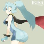  artist_name ass bad_id bad_twitter_id blue_eyes blue_gloves blue_hair blue_leotard bodysuit cape character_name from_behind gloves gym_leader hair_between_eyes high_ponytail holding holding_poke_ball ibuki_(pokemon) jewelry leotard long_hair looking_back pendant poke_ball pokemon pokemon_(game) pokemon_hgss simple_background sleeveless solo souji 