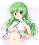  blush breasts commentary coo crop_top frog_hair_ornament green_eyes green_hair hair_ornament kochiya_sanae long_hair looking_at_viewer medium_breasts midriff naked_shirt navel no_bra open_clothes open_shirt pose shirt shirt_tug smile snake_hair_ornament solo touhou underboob 