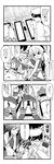  &gt;_&lt; 4girls 4koma :d ? admiral_(kantai_collection) all_fours alternate_hairstyle amatsukaze_(kantai_collection) black_panties calligraphy calligraphy_brush check_translation closed_eyes comic crack cup detached_sleeves eighth_note gendou_pose gloves greyscale hair_tubes hands_clasped haruna_(kantai_collection) hat hawe_king highleg highleg_panties highres interlocked_fingers japanese_clothes kantai_collection long_hair military monochrome multiple_girls musical_note nontraditional_miko one_eye_closed open_mouth own_hands_together paintbrush panties pantyshot peaked_cap ponytail shaded_face shimakaze_(kantai_collection) short_hair sleeves_rolled_up smile striped striped_legwear sweat thighhighs translated translation_request tray twintails underwear yukikaze_(kantai_collection) yunomi |_| 