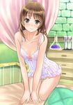 atelier_(series) atelier_totori black_eyes brown_hair camisole collarbone flask highres long_hair looking_at_viewer on_bed smile solo test_tube thigh_gap totooria_helmold umiharu 
