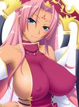  1girl bare_shoulders blue_eyes breasts detached_sleeves erect_nipples female gaen hair_ornament head_tilt huge_breasts koihime_musou long_hair pink_hair sideboob simple_background solo sonken_bundai sonsaku upper_body white_background 