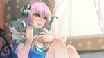  blush breasts cat cleavage headphones ichimura_(kiln) large_breasts long_hair nitroplus no_bra open_mouth open_window pet pink_hair red_eyes solo super_sonico window 