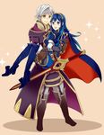  1girl blue_eyes blue_hair boots brown_eyes cape carrying falchion_(fire_emblem) fire_emblem fire_emblem:_kakusei gloves long_hair lucina male_my_unit_(fire_emblem:_kakusei) my_unit_(fire_emblem:_kakusei) princess_carry robe sawako68 shoulder_pads smile sword thigh_boots thighhighs tiara weapon white_hair 