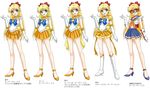  aino_minako back_bow bare_legs bishoujo_senshi_sailor_moon blonde_hair blue_eyes blue_skirt boots bow brooch character_name choker costume_chart crescent earrings elbow_gloves facial_mark forehead_mark full_body gloves hair_bow half_updo jewelry knee_boots long_hair magical_girl miniskirt multiple_girls multiple_persona orange_choker orange_sailor_collar orange_skirt pleated_skirt red_bow ribbon sailor_collar sailor_senshi_uniform sailor_v sailor_venus shirataki_kaiseki shoes skirt smile standing star star_choker strappy_heels super_sailor_venus super_sailor_venus_(stars) translation_request very_long_hair white_background white_gloves 