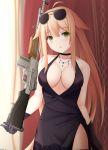  1girl ahoge bangs bare_arms bare_shoulders black_choker black_dress black_gloves blonde_hair blurry blurry_background blush breasts choker cleavage collarbone cowboy_shot curtains depth_of_field dress eyebrows_visible_through_hair eyewear_on_head girls_frontline gloves green_eyes gun hair_flaps head_tilt highres holding holding_gun holding_weapon indoors jewelry keenh large_breasts light_particles long_hair looking_at_viewer m1918_bar m1918_bar_(girls_frontline) machine_gun necklace parted_lips side_slit sidelocks solo standing strap_gap sunglasses weapon 