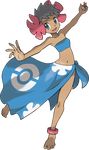  absurdres ankle_cuffs anklet bandeau barefoot blue_eyes blue_sarong brown_hair dark_skin elite_four floral_print flower full_body fuyou_(pokemon) hair_flower hair_ornament highres jewelry midriff navel official_art poke_ball_print pokemon pokemon_(game) pokemon_oras print_sarong sarong short_hair solo strapless sugimori_ken tan transparent_background 