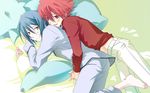  2boys artist_request barefoot blue_hair blush feet hug hug_from_behind male male_focus multiple_boys red_hair shindou_sugata short_hair star_driver suika_(picsu) tsunashi_takuto yaoi 