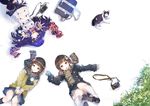  :o bag blue_eyes brown_eyes brown_hair camera cat circle_formation coat from_above hair_ornament kneehighs long_hair looking_up lying multiple_girls open_mouth original pleated_skirt purple_hair reaching school_bag short_hair skirt smile snowing yuugen 