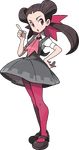  ascot blouse brown_hair dress full_body grey_dress gym_leader hair_ornament hair_pulled_back hand_on_hip highres index_finger_raised long_hair mary_janes official_art open_mouth pantyhose petticoat pink_legwear pointing pointing_up pokemon pokemon_(game) pokemon_oras red_eyes shoes short_sleeves solo standing sugimori_ken transparent_background tsutsuji_(pokemon) twintails 
