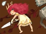  barefoot blood blush_stickers brown_eyes child child_of_light_(game) crown dress e10 freckles gloves hitodama igniculus long_hair looking_back monster open_mouth pink_hair princess_aurora sword weapon 