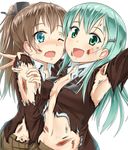  :d aqua_eyes arm_up armpits blood breasts brown_hair cleavage green_eyes green_hair hair_ornament hairclip hand_on_another's_shoulder hawe_king injury kantai_collection kumano_(kantai_collection) long_hair looking_at_viewer medium_breasts multiple_girls navel one_eye_closed open_mouth ponytail scrape smile suzuya_(kantai_collection) torn_clothes wavy_mouth white_background 
