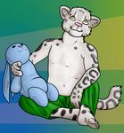  anthro barefoot claws clothed clothing cub feline fur grey_fur half-dressed happy leopard lionsilverwolf looking_up male mammal pants pink_nose plushie sitting smile snow_leopard solo spots toe_claws topless yellow_eyes young 