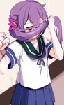  akebono_(kantai_collection) blurry clenched_hand covering_face depth_of_field flower hair_flower hair_grab hair_ornament highres kantai_collection long_hair looking_at_viewer momo_(higanbana_and_girl) purple_eyes purple_hair school_uniform serafuku side_ponytail skirt solo wrist_grab 
