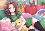  1girl :o black_legwear black_panties blush brown_eyes brown_hair frills hairband kazenokaze long_hair lying magikarp nichijou no_pants on_side original panties pillow pokemon sakamoto_(nichijou) scrunchie shirt solo stuffed_animal stuffed_bunny stuffed_toy t-shirt teddy_bear thighhighs tsurime underwear 