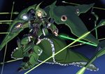  ahoge beam breasts energy_sword green_hair gundam gundam_unicorn hawe_king holding kshatriya looking_at_viewer machinery mecha_musume personification pleated_skirt pose red_eyes short_hair skirt small_breasts solo sword weapon 