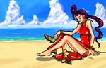  ahoge akiv707 alternate_costume bare_shoulders barefoot beach breasts china_dress chinese_clothes day dress hair_slicked_back huge_ahoge long_hair medium_breasts ocean purple_hair rose_(street_fighter) sandals shoes side_slit single_shoe sitting solo street_fighter wrist_cuffs 