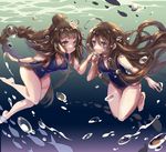  ahoge air_bubble animal ayakashi_onmyouroku barefoot blue_swimsuit braid breasts brown_hair bubble cleavage collarbone evollis fish freediving gemini gemini_(ayakashi) hair_bun hair_ornament holding_breath holding_hands knees_together_feet_apart knees_touching long_hair looking_at_another looking_at_viewer medium_breasts multiple_girls one-piece_swimsuit purple_eyes siblings single_braid sisters smile submerged swimming swimsuit twins underwater water zodiac 